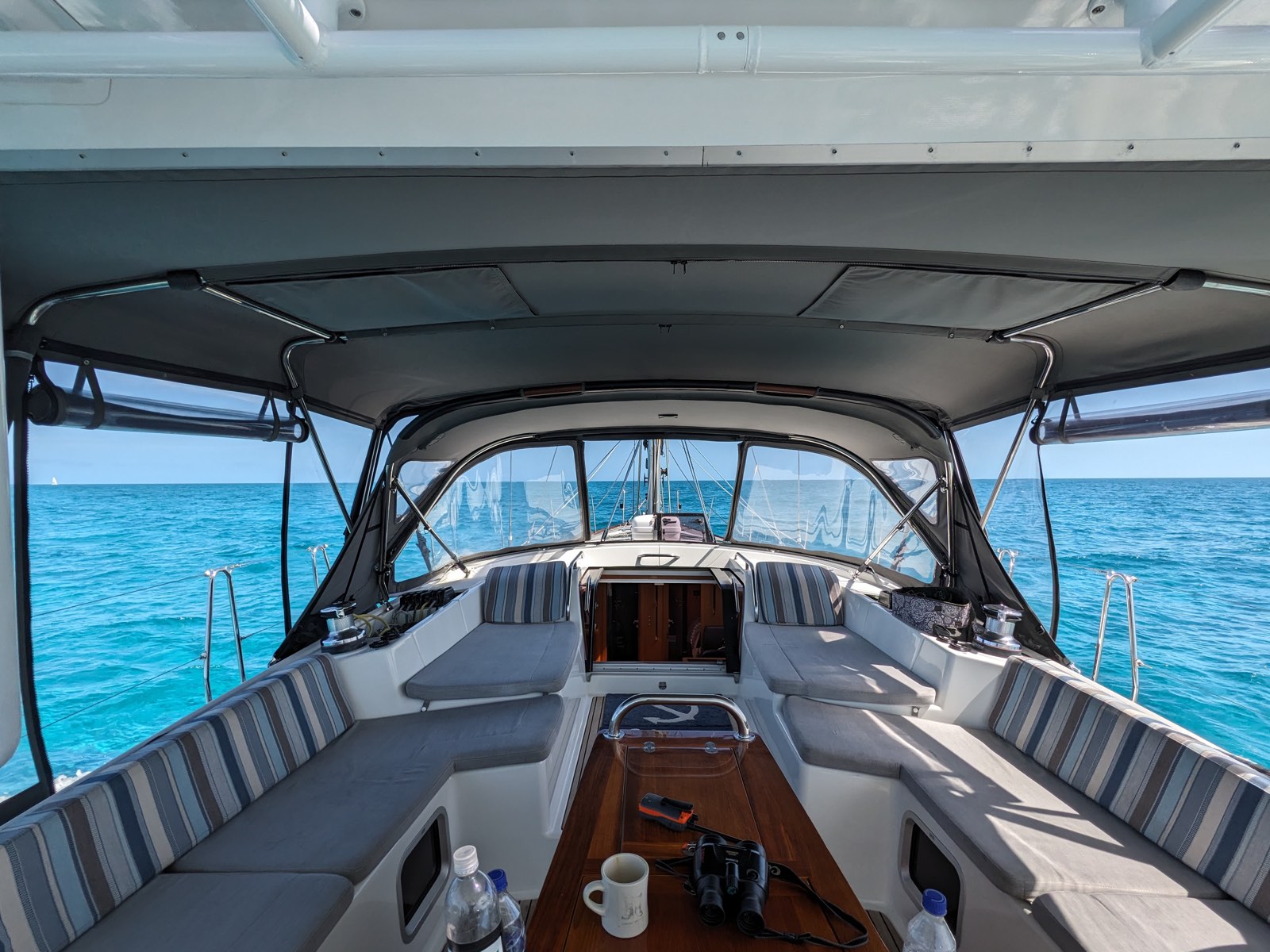 Cockpit under the hardtop at anchor